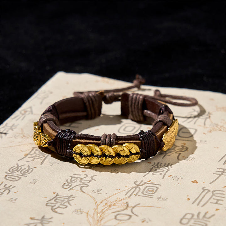 Bracelet en cuir et corde de richesse Pi Xiu , Buddha Stones et pièces des cinq empereurs  - Pièces des Cinq Empereurs et PiXiu (tour de poignet : 15-19 cm) - image 0