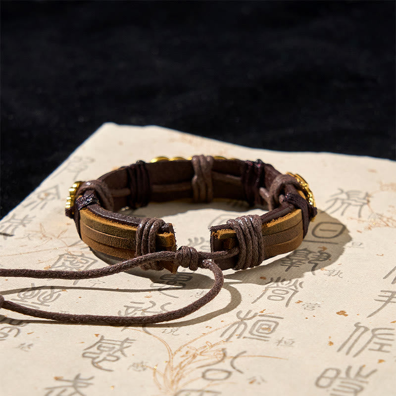 Bracelet en cuir et corde de richesse Pi Xiu , Buddha Stones et pièces des cinq empereurs  - image 4