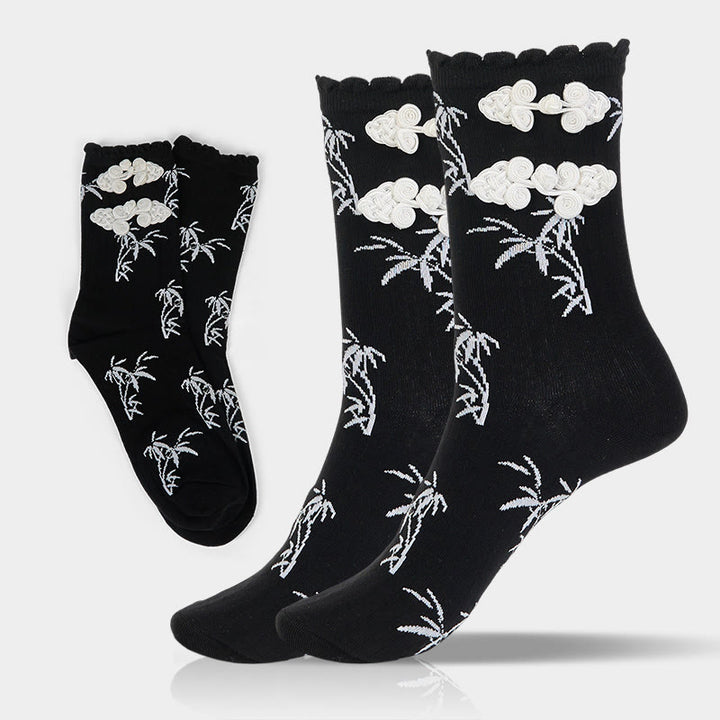 Chaussettes mi-mollet pour femme en jacquard de bambou avec motif de grenouille chinoise et boutons Buddha Stones - Noir - Taille unique (US 5,5-8,5, EU 36-40, UK/AU 3,5-6,5, AISA 23-25 cm) - image 0