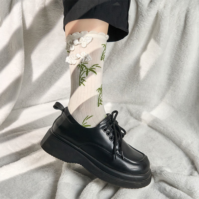 Chaussettes mi-mollet pour femme en jacquard de bambou avec motif de grenouille chinoise et boutons Buddha Stones - image 21