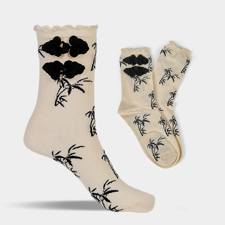 Chaussettes mi-mollet pour femme en jacquard de bambou avec motif de grenouille chinoise et boutons Buddha Stones - image 15