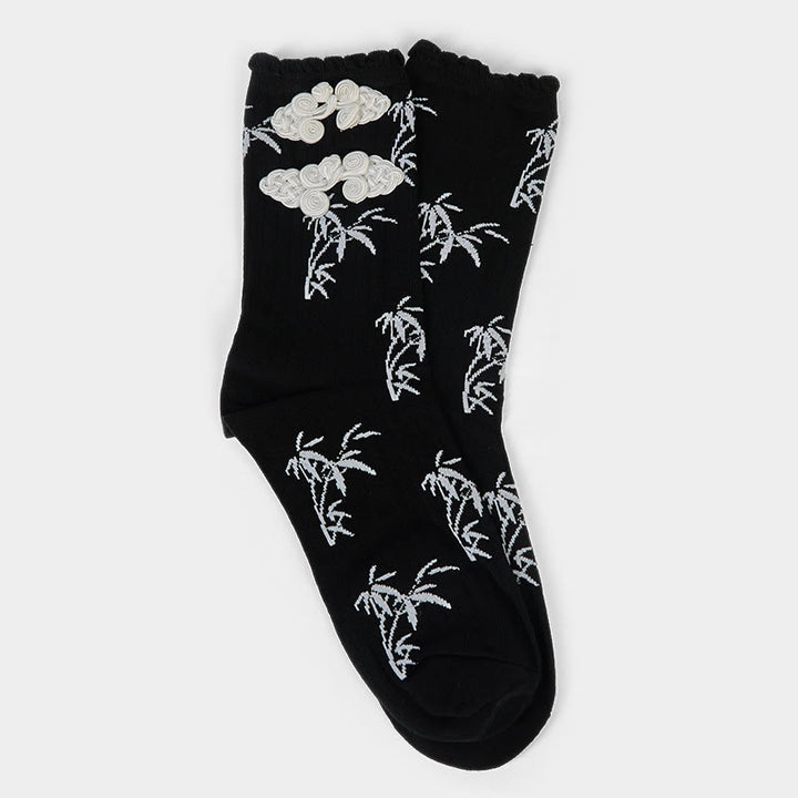 Chaussettes mi-mollet pour femme en jacquard de bambou avec motif de grenouille chinoise et boutons Buddha Stones - image 1