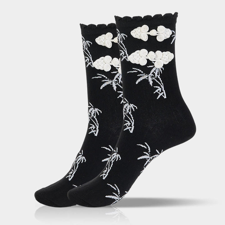 Chaussettes mi-mollet pour femme en jacquard de bambou avec motif de grenouille chinoise et boutons Buddha Stones - image 7