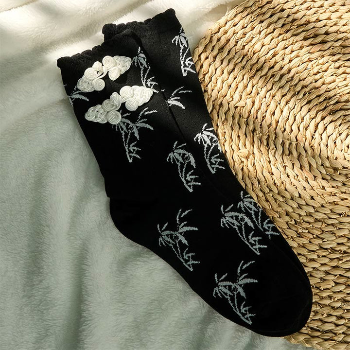Chaussettes mi-mollet pour femme en jacquard de bambou avec motif de grenouille chinoise et boutons Buddha Stones - image 2