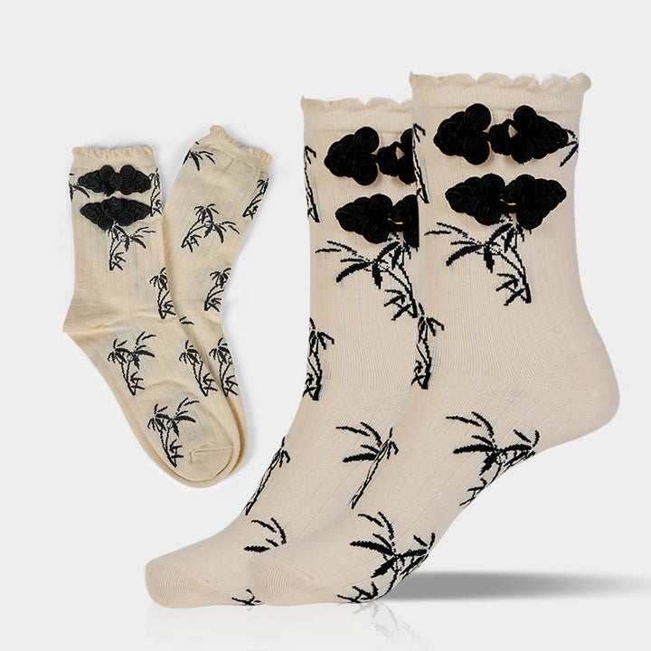Chaussettes mi-mollet pour femme en jacquard de bambou avec motif de grenouille chinoise et boutons Buddha Stones - Floral Blanc - Taille unique (US 5,5-8,5, EU 36-40, UK/AU 3,5-6,5, AISA 23-25 cm) - image 9