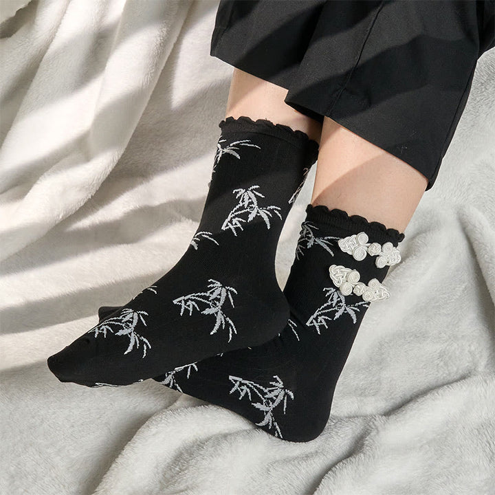 Chaussettes mi-mollet pour femme en jacquard de bambou avec motif de grenouille chinoise et boutons Buddha Stones - image 4