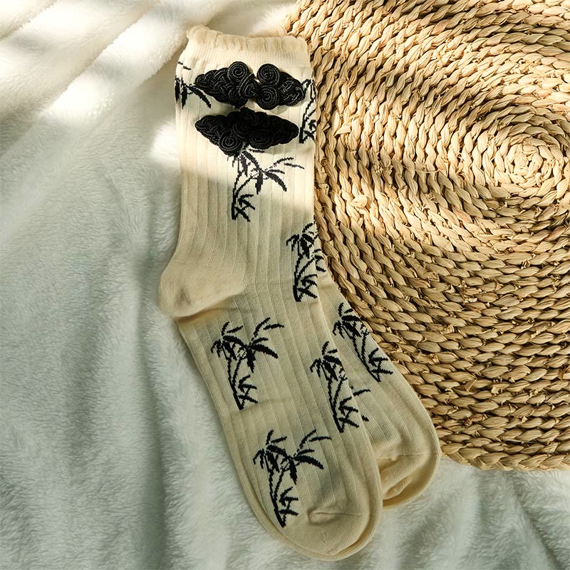 Chaussettes mi-mollet pour femme en jacquard de bambou avec motif de grenouille chinoise et boutons Buddha Stones - image 11