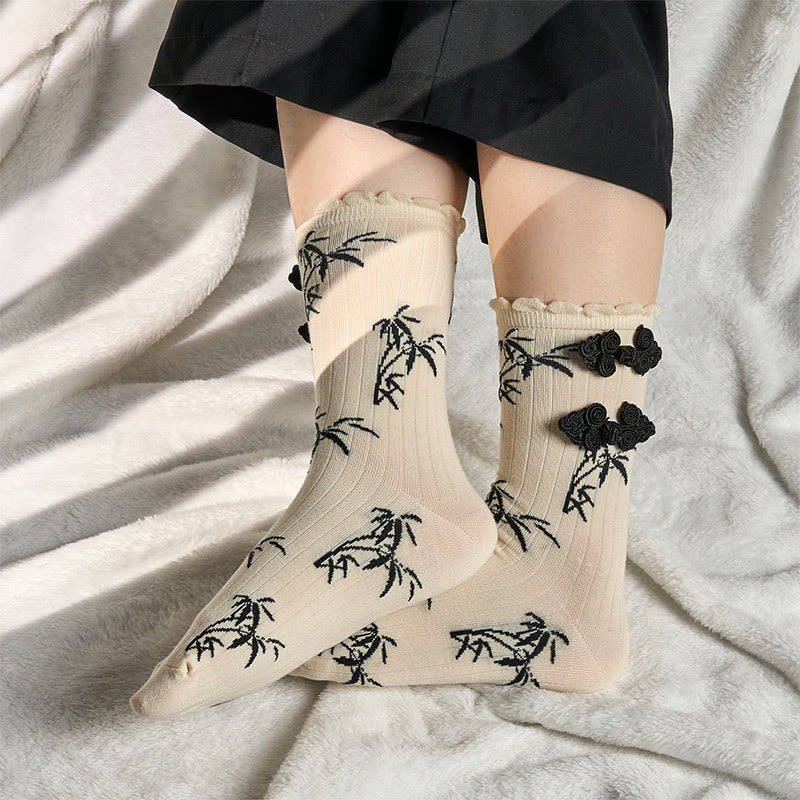 Chaussettes mi-mollet pour femme en jacquard de bambou avec motif de grenouille chinoise et boutons Buddha Stones - image 13