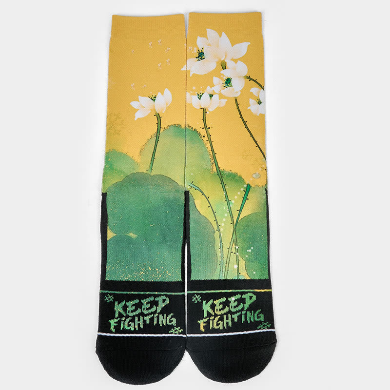 Chaussettes Buddha Stones décontractées beiges à imprimé fleurs de lotus et feuilles pour homme et femme - image 1
