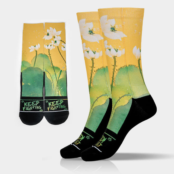 Chaussettes Buddha Stones décontractées beiges à imprimé fleurs de lotus et feuilles pour homme et femme - Or - Taille unique (US 5-10,5, EU 38-44, UK/AU 5-10,5, AISA 24,5-28 cm) - image 0