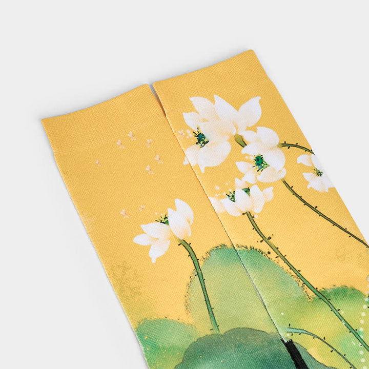 Chaussettes Buddha Stones décontractées beiges à imprimé fleurs de lotus et feuilles pour homme et femme - image 2