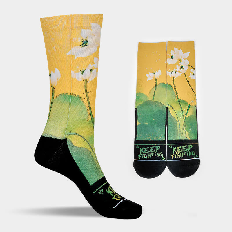 Chaussettes Buddha Stones décontractées beiges à imprimé fleurs de lotus et feuilles pour homme et femme - image 7