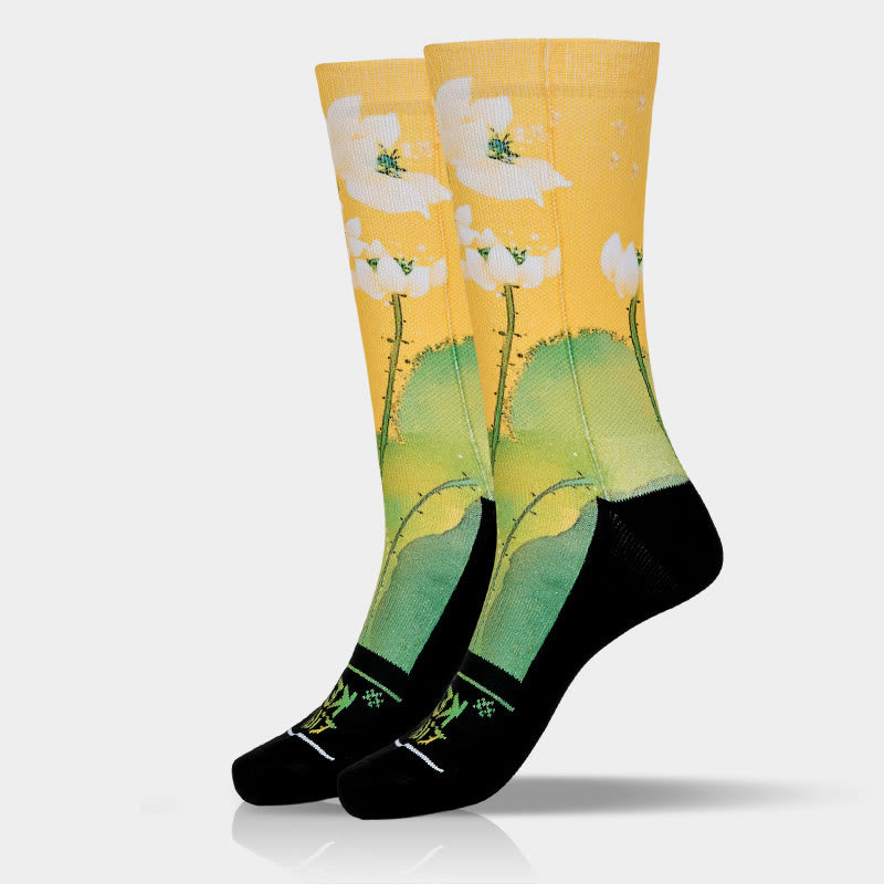 Chaussettes Buddha Stones décontractées beiges à imprimé fleurs de lotus et feuilles pour homme et femme - image 9