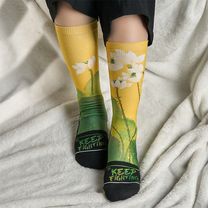 Chaussettes Buddha Stones décontractées beiges à imprimé fleurs de lotus et feuilles pour homme et femme - image 5