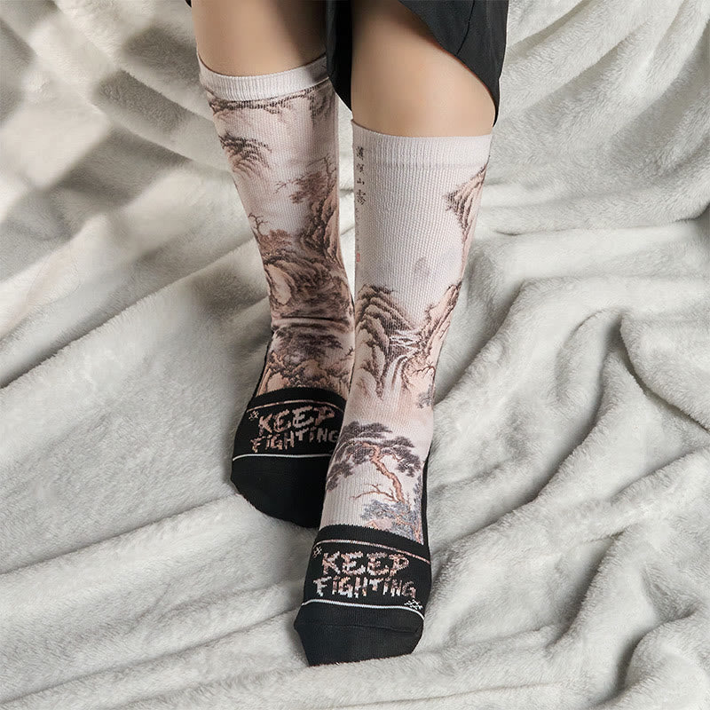 Chaussettes unisexes décontractées à motif de Buddha Stones , grue blanche, pins, montagnes, pour hommes et femmes - image 16