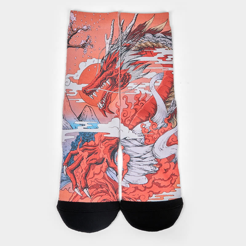 Chaussettes unisexes décontractées à motif Buddha Stones, dragon rouge, volcan, soleil, arbre, montagnes, micro-collant pour hommes et femmes - image 1