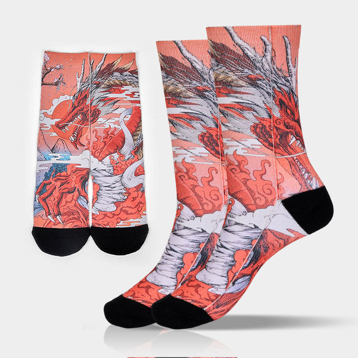 Chaussettes unisexes décontractées à motif Buddha Stones, dragon rouge, volcan, soleil, arbre, montagnes, micro-collant pour hommes et femmes - Corail - ML (US 8-12, EU 41-45, UK/AU 7,5-11,5, AISA 25,5-28,5 cm) - image 0
