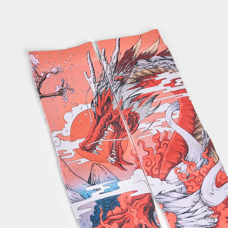 Chaussettes unisexes décontractées à motif Buddha Stones, dragon rouge, volcan, soleil, arbre, montagnes, micro-collant pour hommes et femmes - image 2
