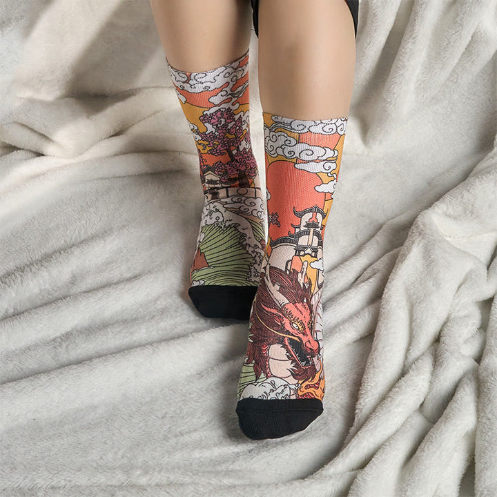 Chaussettes unisexes décontractées à motif de Buddha Stones, dragon, nuages, soleil, vagues, micro-collant pour hommes et femmes - image 5