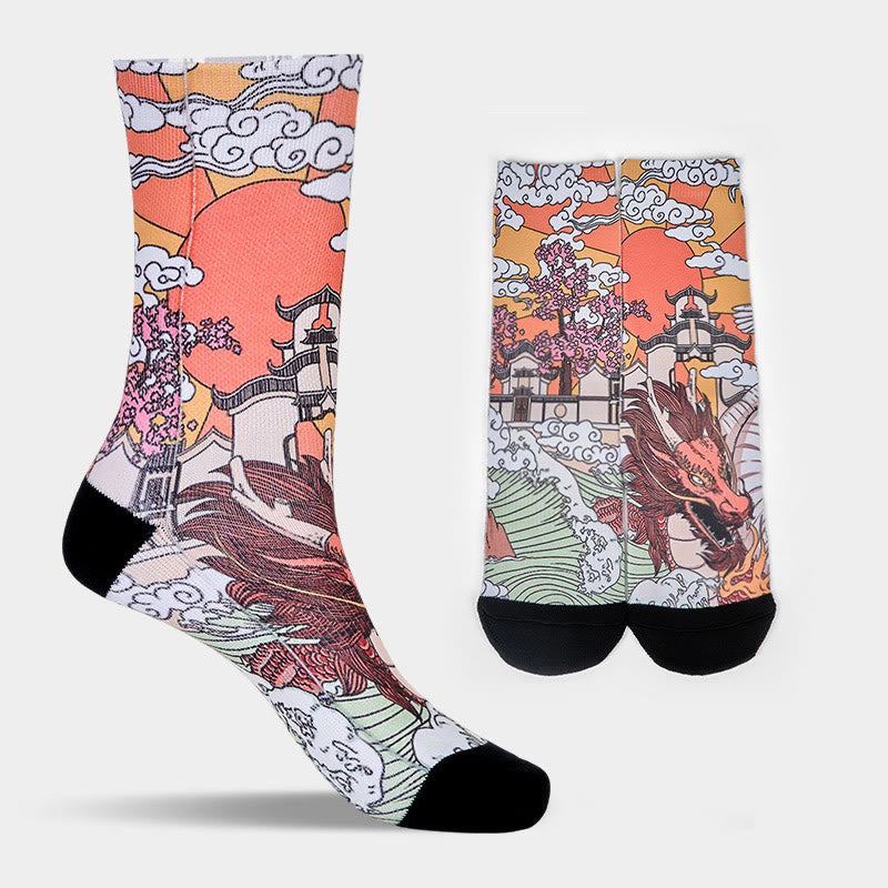 Chaussettes unisexes décontractées à motif de Buddha Stones, dragon, nuages, soleil, vagues, micro-collant pour hommes et femmes - image 8