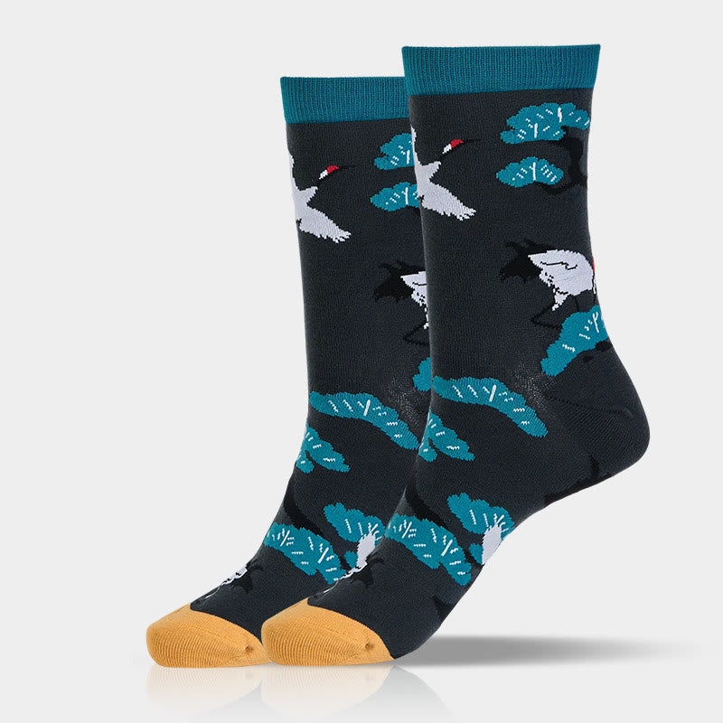 Chaussettes mi-mollet décontractées Buddha Stones à motif grue blanche et pin pour femme - image 6