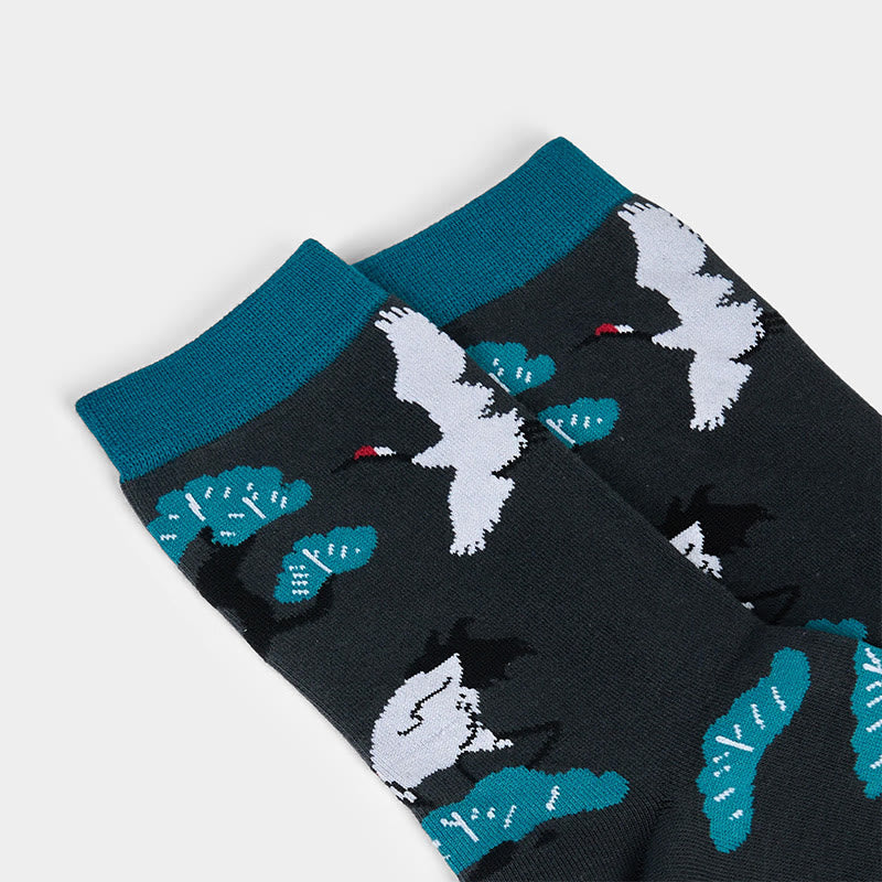 Chaussettes mi-mollet décontractées Buddha Stones à motif grue blanche et pin pour femme - image 3