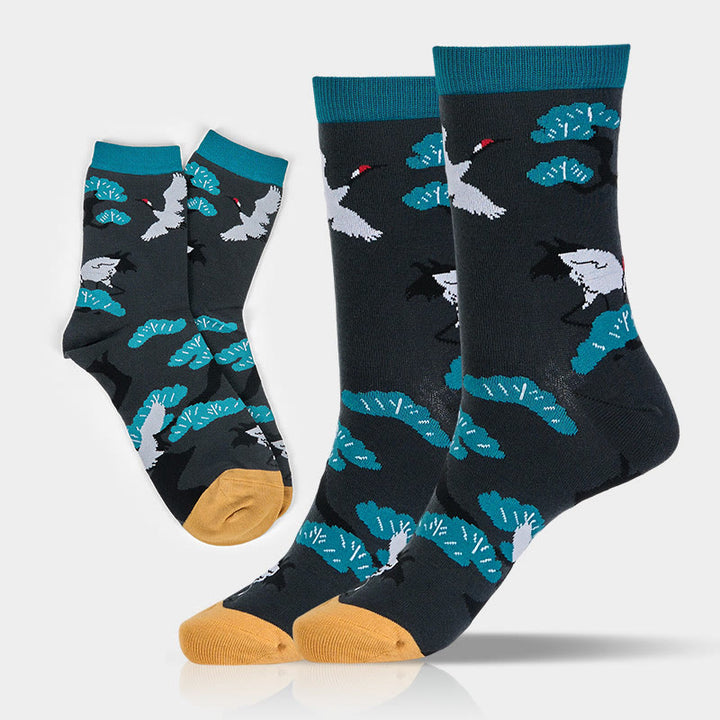 Chaussettes mi-mollet décontractées Buddha Stones à motif grue blanche et pin pour femme - Noir - SM (US 5,5-11,5, EU 36-42, UK/AU 3,5-9, Asie 23-26,5 cm) - image 0