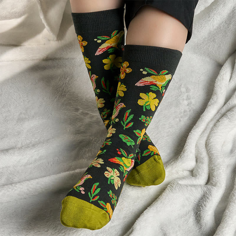 Chaussettes unisexes en coton avec motif de fleurs et d'oiseaux en fleurs et Buddha Stones pour hommes et femmes - image 2