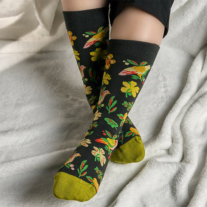 Chaussettes unisexes en coton avec motif de fleurs et d'oiseaux en fleurs et Buddha Stones pour hommes et femmes - image 2