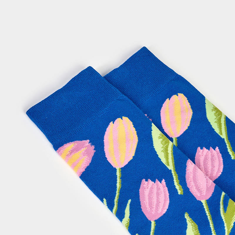 Chaussettes unisexes en coton à motif tulipe bleu moyen Buddha Stones pour hommes et femmes - image 8