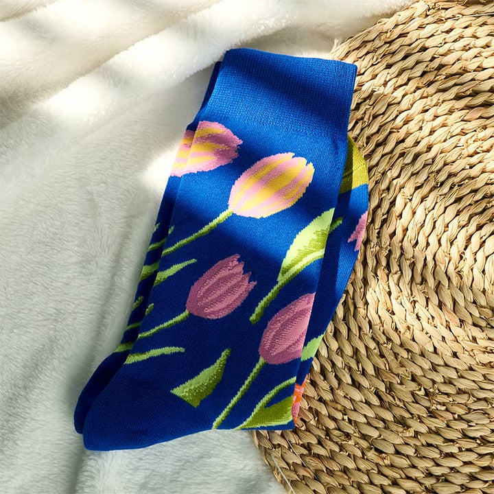 Chaussettes unisexes en coton à motif tulipe bleu moyen Buddha Stones pour hommes et femmes - image 1