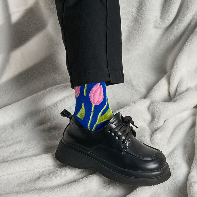 Chaussettes unisexes en coton à motif tulipe bleu moyen Buddha Stones pour hommes et femmes - image 3