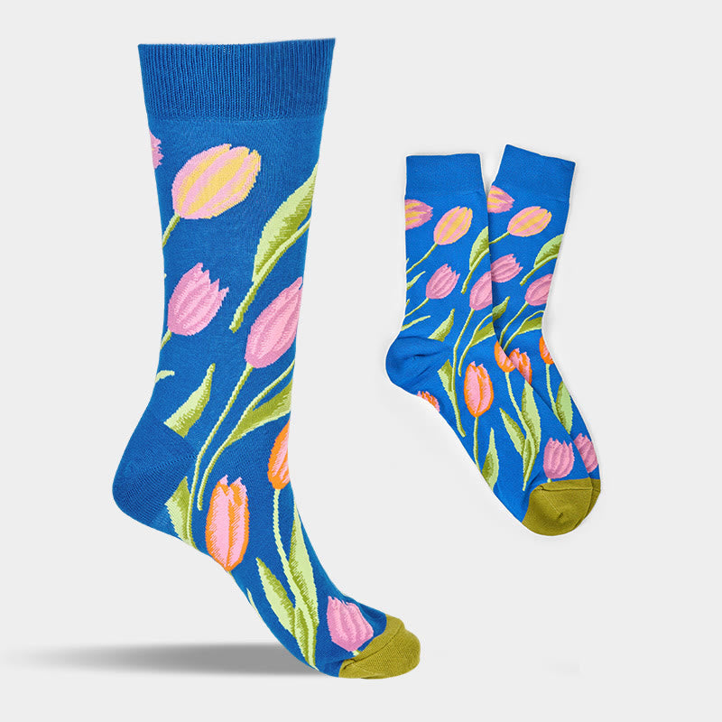 Chaussettes unisexes en coton à motif tulipe bleu moyen Buddha Stones pour hommes et femmes - image 7