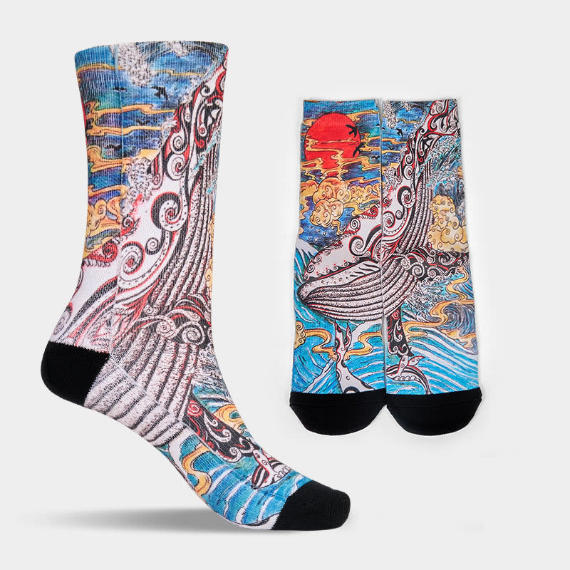 Chaussettes unisexes décontractées Buddha Stones, motif baleine, vagues, coucher de soleil, micro-collant pour hommes et femmes - image 9