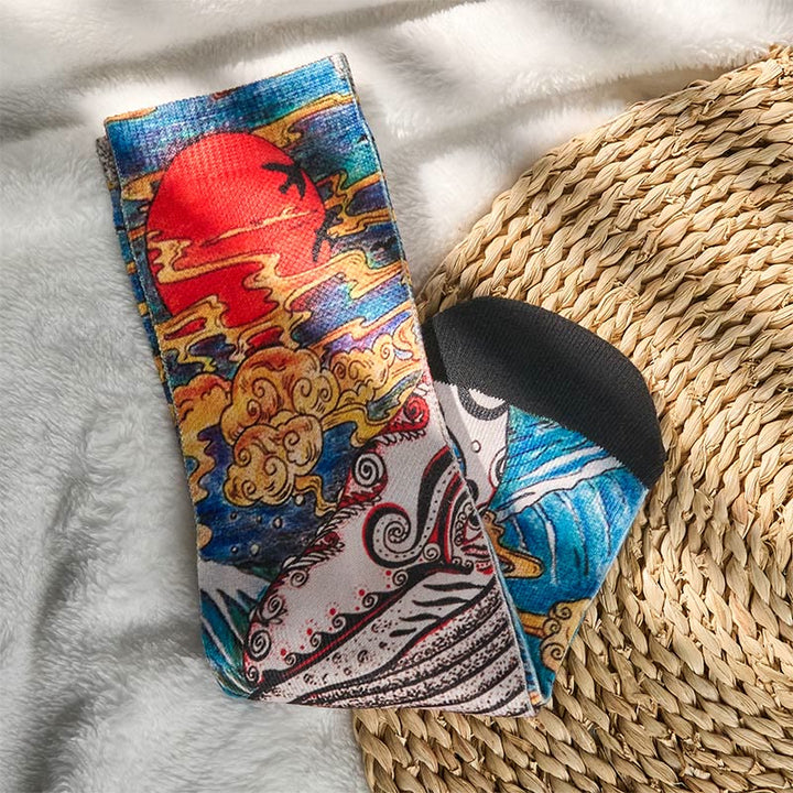 Chaussettes unisexes décontractées Buddha Stones, motif baleine, vagues, coucher de soleil, micro-collant pour hommes et femmes - image 4