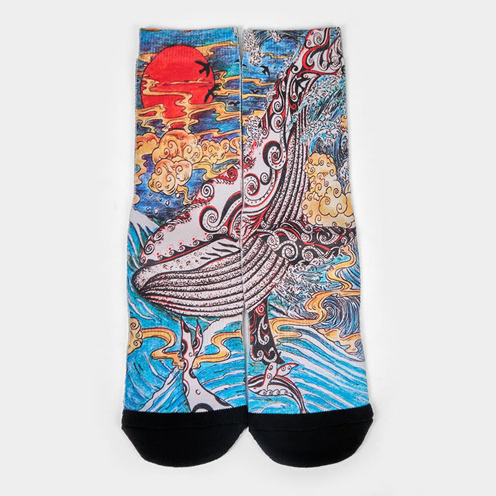 Chaussettes unisexes décontractées Buddha Stones, motif baleine, vagues, coucher de soleil, micro-collant pour hommes et femmes - image 1