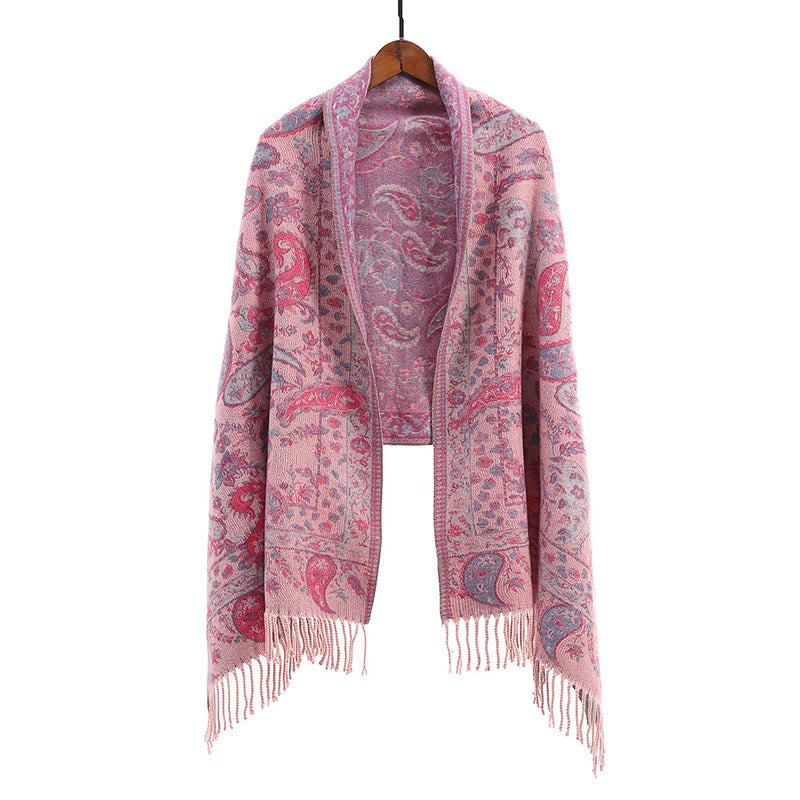 Écharpe douce à pompons avec motifs de fleurs et de cachemire brodés ethniques Buddha Stones - Rose - image 4