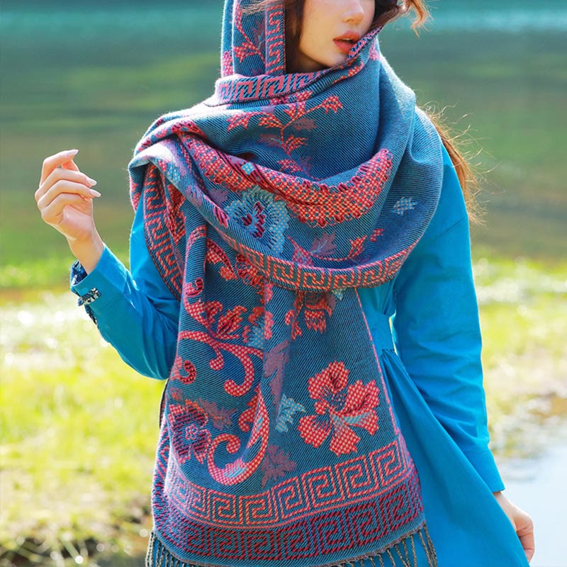 Écharpe thermique douce à pompons en jacquard motif cachemire Buddha Stones et plantes - Floral bleu acier - 70-190 cm - image 37