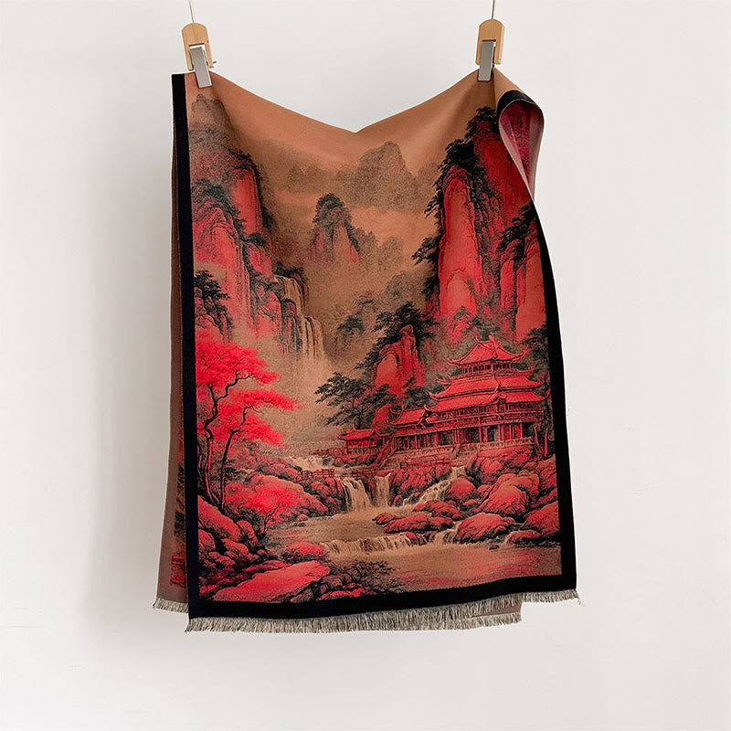 Motif de peinture de paysage d'hiver Buddha Stones, pompons, écharpe épaisse et confortable - image 1