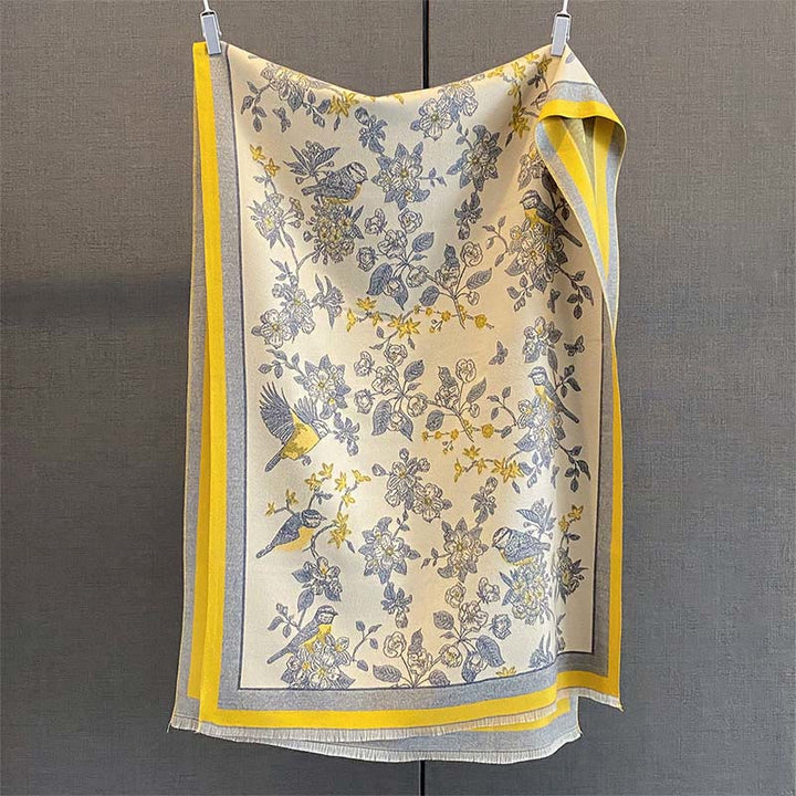Buddha Stones Commute Fleurs Oiseau Motif Couleur Contraste Design Glands Cosy Doux Écharpe Châle - Jaune - 190*65 cm - image 2