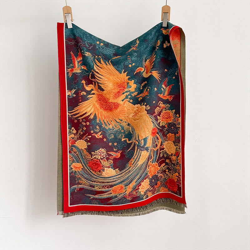 Écharpe douce et thermique à pompons avec motifs de fleurs, de phénix et d'oiseaux en hiver - image 1