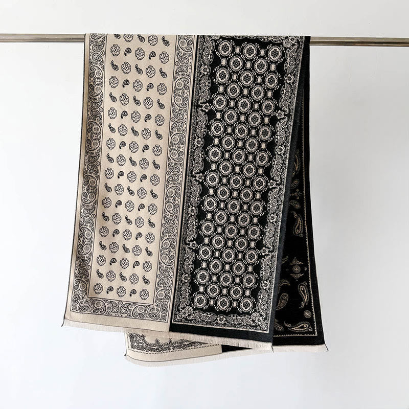 Écharpe épaisse et douce à pompons, motif patchwork géométrique et cachemire ethnique, Buddha Stones - Noir - 186*66cm - image 5