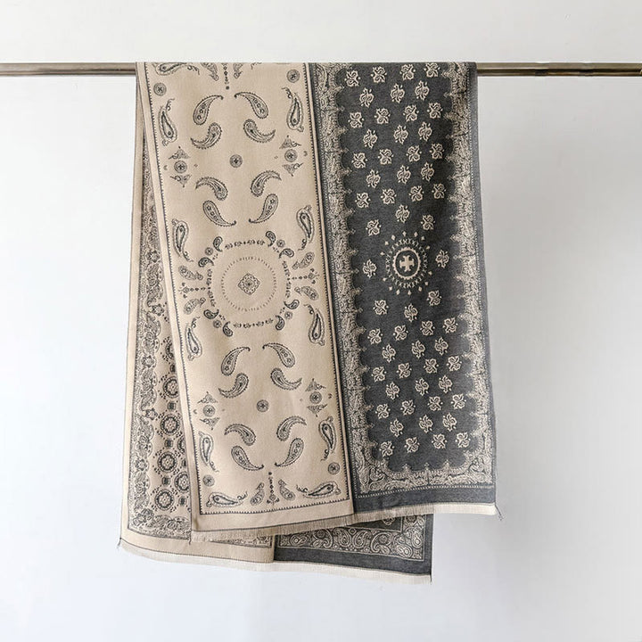 Écharpe épaisse et douce à pompons, motif patchwork géométrique et cachemire ethnique, Buddha Stones - Gris - 186*66cm - image 2