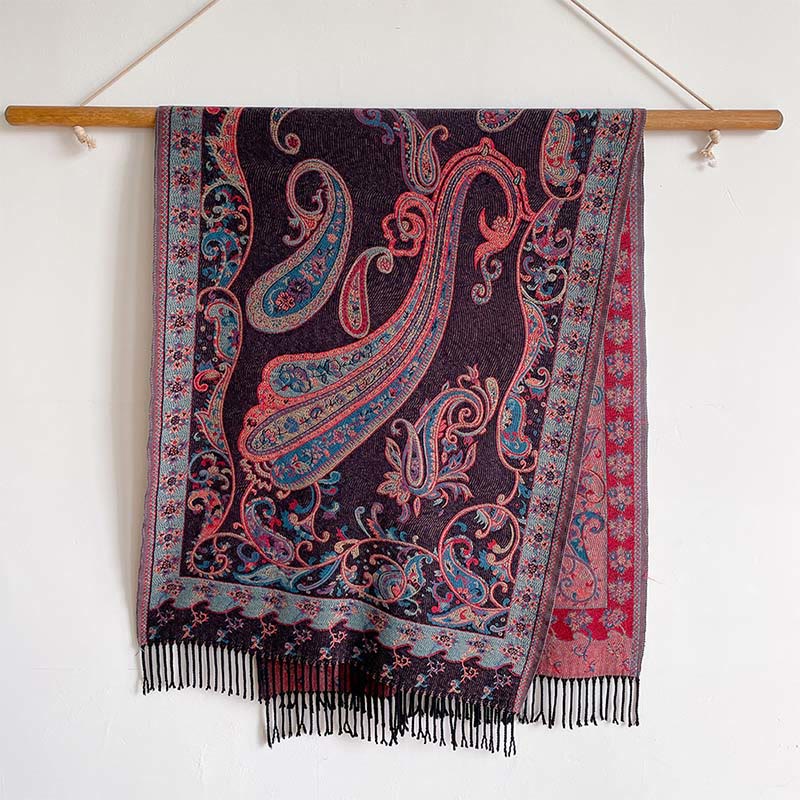 Écharpe châle douillette à pompons et motif floral cachemire thermique pour trajets d'hiver Buddha Stones - Magenta foncé - 200*65cm - image 4