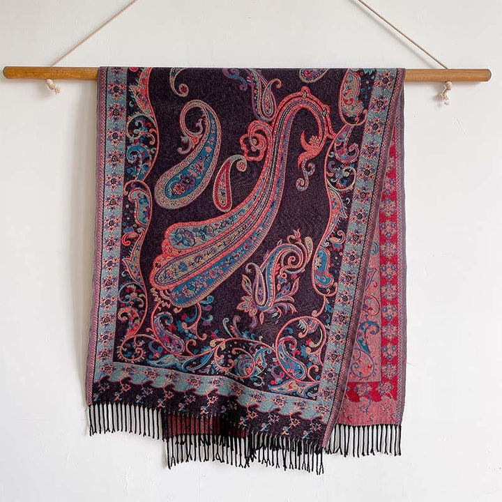 Écharpe châle douillette à pompons et motif floral cachemire thermique pour trajets d'hiver Buddha Stones - Magenta foncé - 200*65cm - image 4