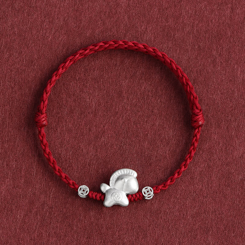 Bracelet de cheville tressé en argent sterling 999 avec Buddha Stones Année du Cheval et pièces de cuivre - Bracelet de cheville rouge foncé (circonférence 17-30 cm) - image 0
