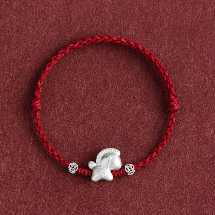 Bracelet de cheville tressé en argent sterling 999 avec Buddha Stones Année du Cheval et pièces de cuivre - Bracelet de cheville rouge foncé (circonférence 17-30 cm) - image 0