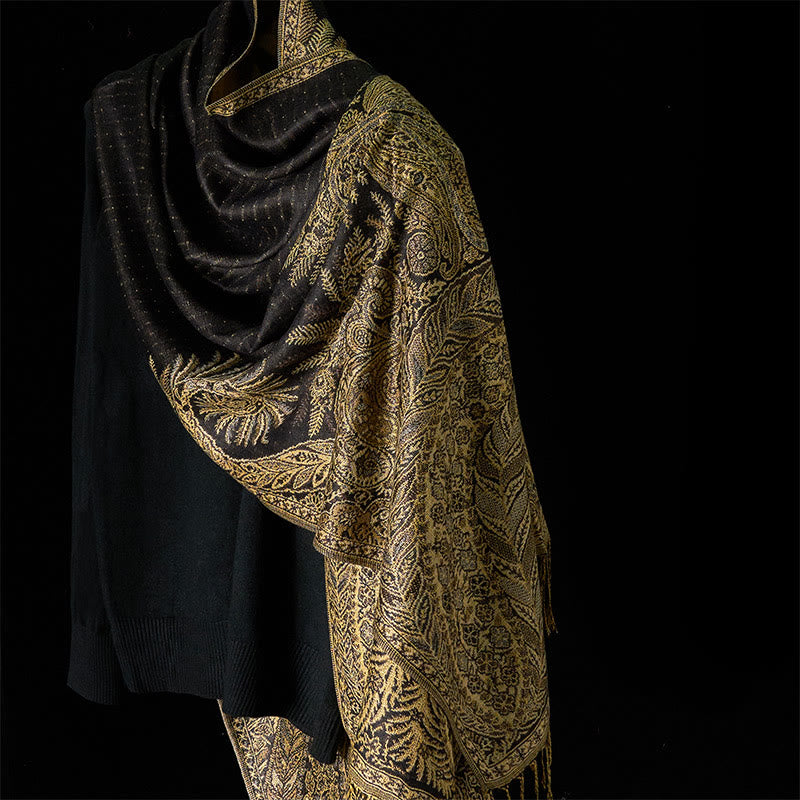 Écharpe douce à pompons avec motifs de fleurs et de longues feuilles de Buddha Stones - Kaki foncé - 175*70cm - image 5