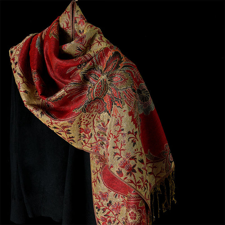 Écharpe douce à pompon avec motifs de fleurs rouges, feuilles et vignes, Buddha Stones , printemps - Rouge - 180*70cm - image 6