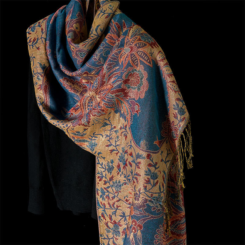 Écharpe douce à pompon avec motifs de fleurs rouges, feuilles et vignes, Buddha Stones , printemps - Bleu acier - 180*70cm - image 0